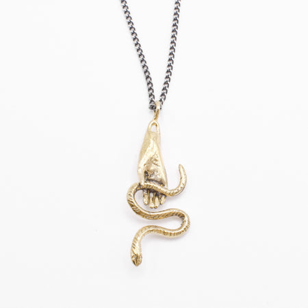 Hand & Snake necklace - brass on silver