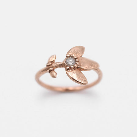 Petite Flower Stem ring - 10k Rose gold with diamond - READY TO SHIP