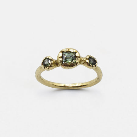 Three point ring - 14k gold with green sapphires - Ready to ship