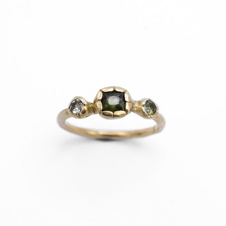 Three point ring - 14k gold with green and pale blue sapphires - Ready to Ship