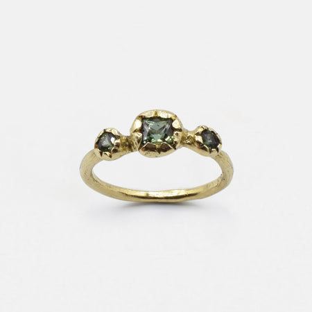 Three point ring - 14k gold with green sapphires