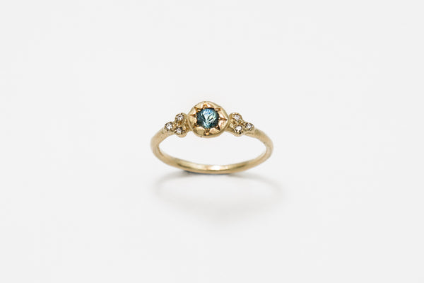 Bower Ring - 10k gold with Teal Sapphire & Diamonds - Ready to ship